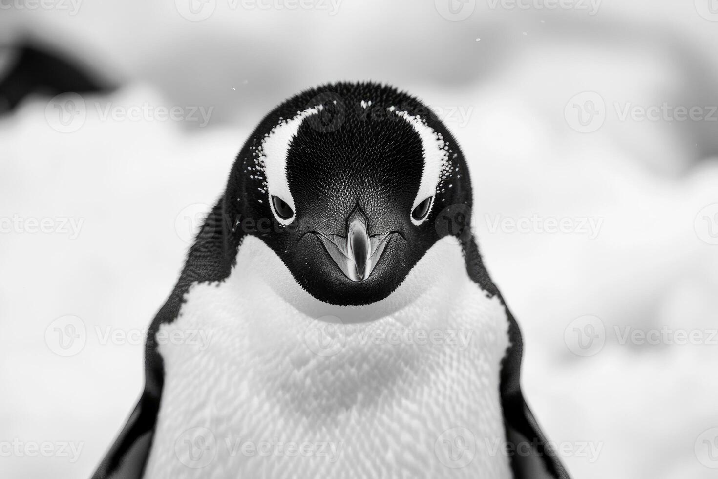 A penguin with a curious expression stares into the camera. photo