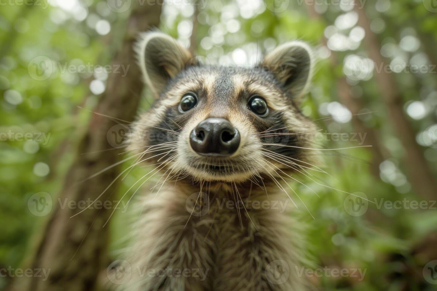A curious raccoon looks directly into the camera. photo