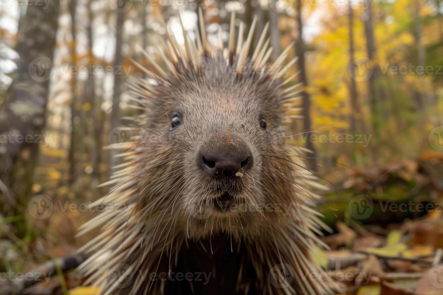 A curious porcupine looks directly into the camera. photo