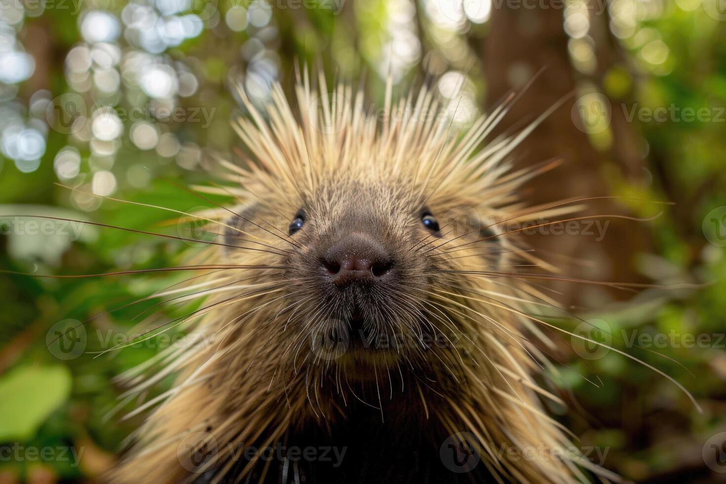 A curious porcupine looks directly into the camera. photo