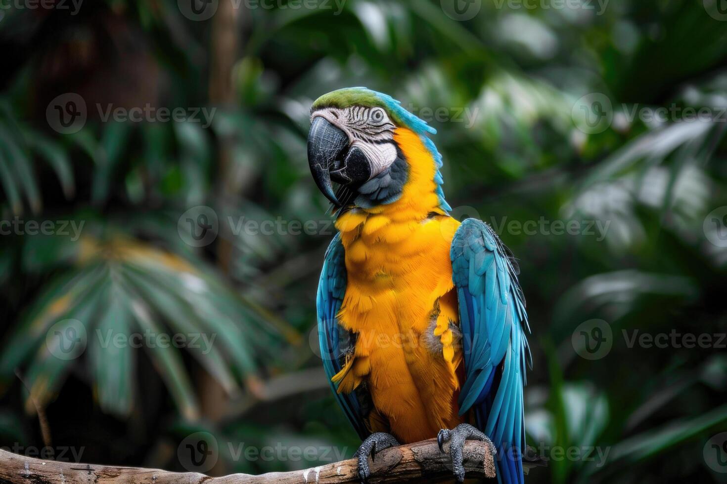 A playful parrot perched on a branch looks at the camera. photo