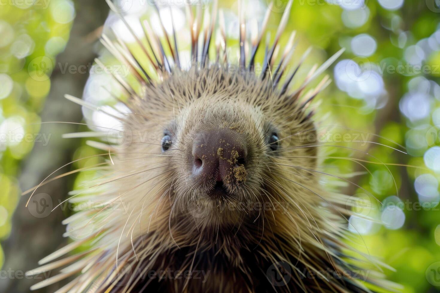 A curious porcupine looks directly into the camera. photo