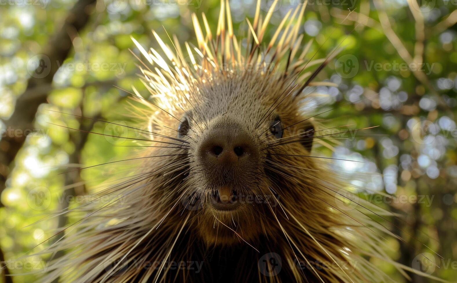 A curious porcupine looks directly into the camera. photo
