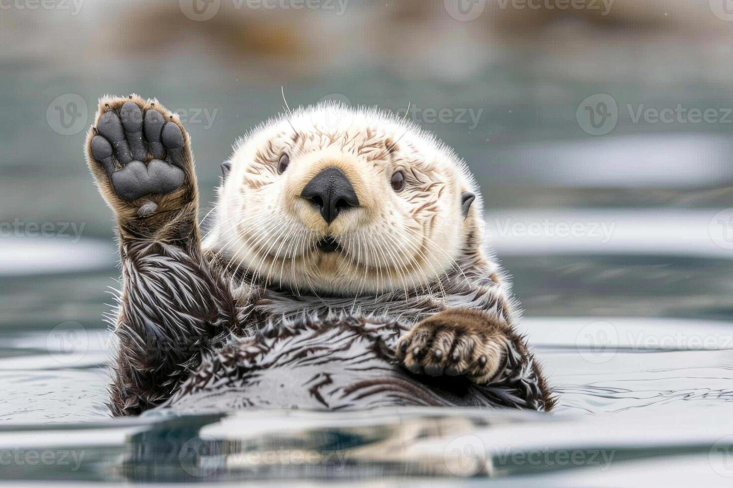 A playful sea otter floats on its back, looking at the camera. photo