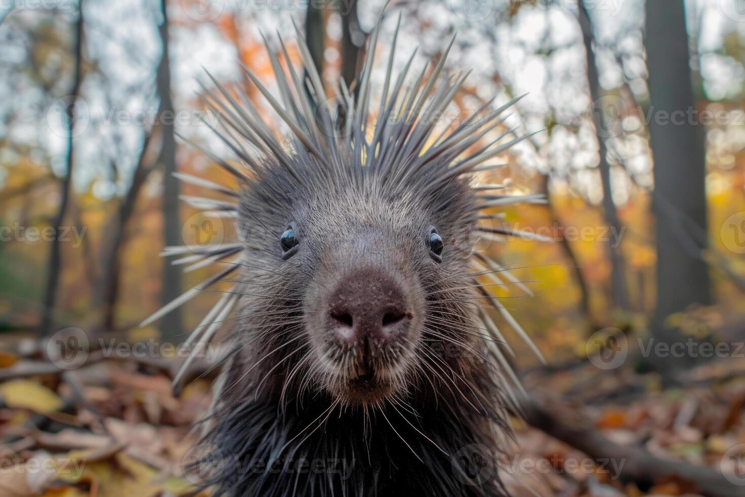 A curious porcupine looks directly into the camera. photo