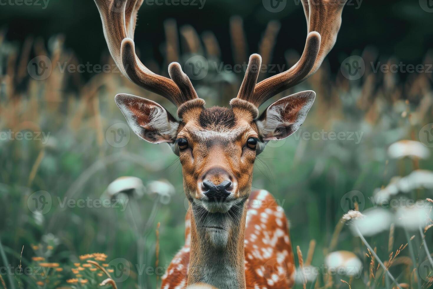 A deer with large antlers gazes into the camera. photo