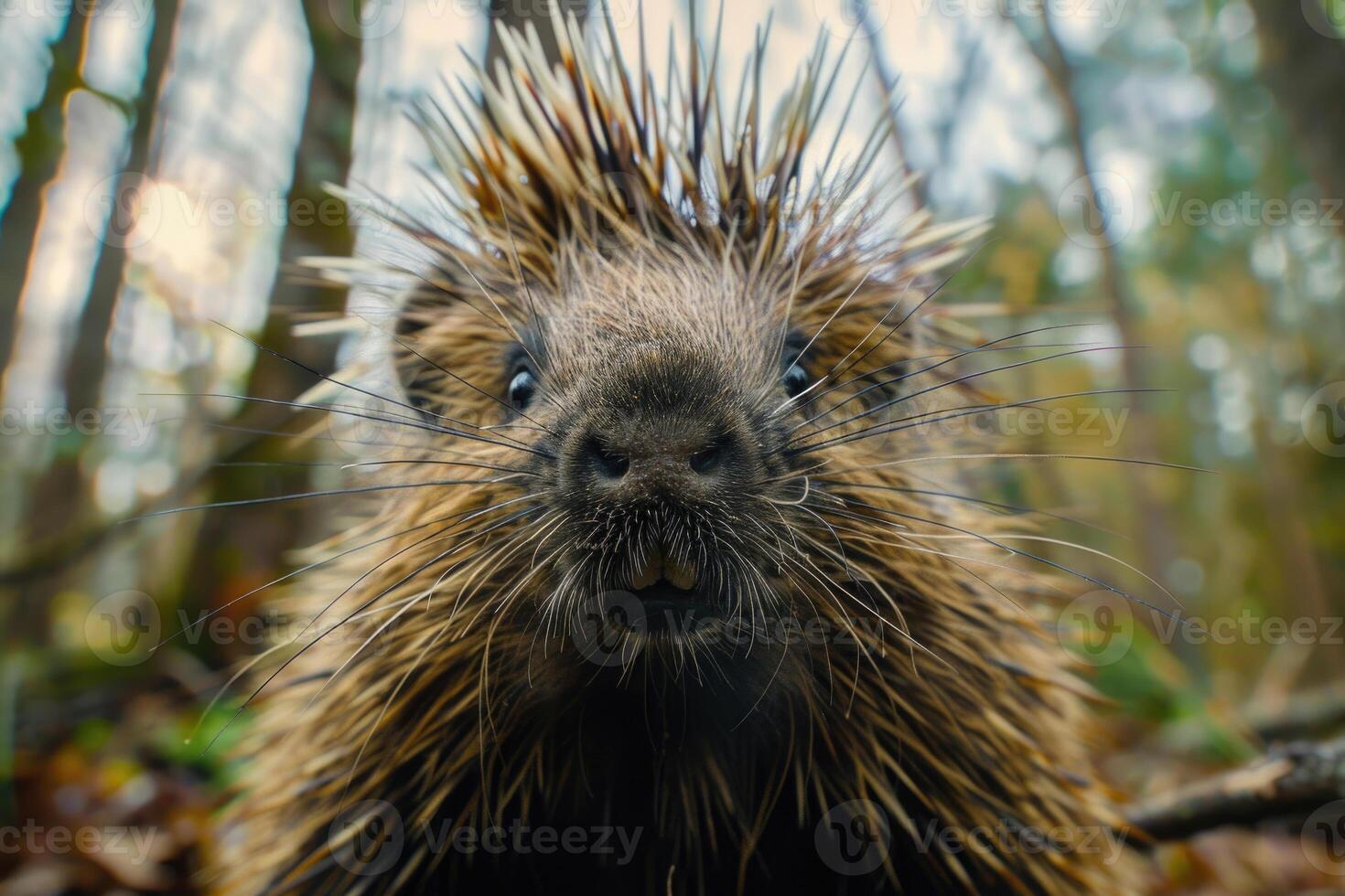 A curious porcupine looks directly into the camera. photo
