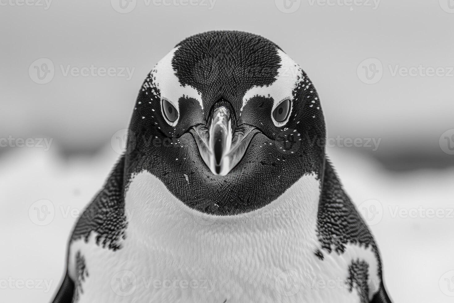 A penguin with a curious expression stares into the camera. photo