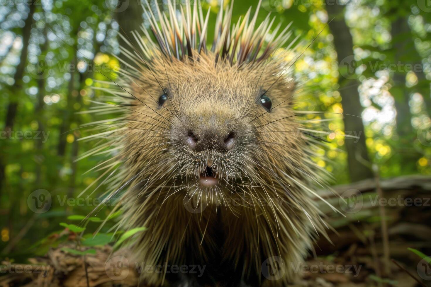 A curious porcupine looks directly into the camera. photo