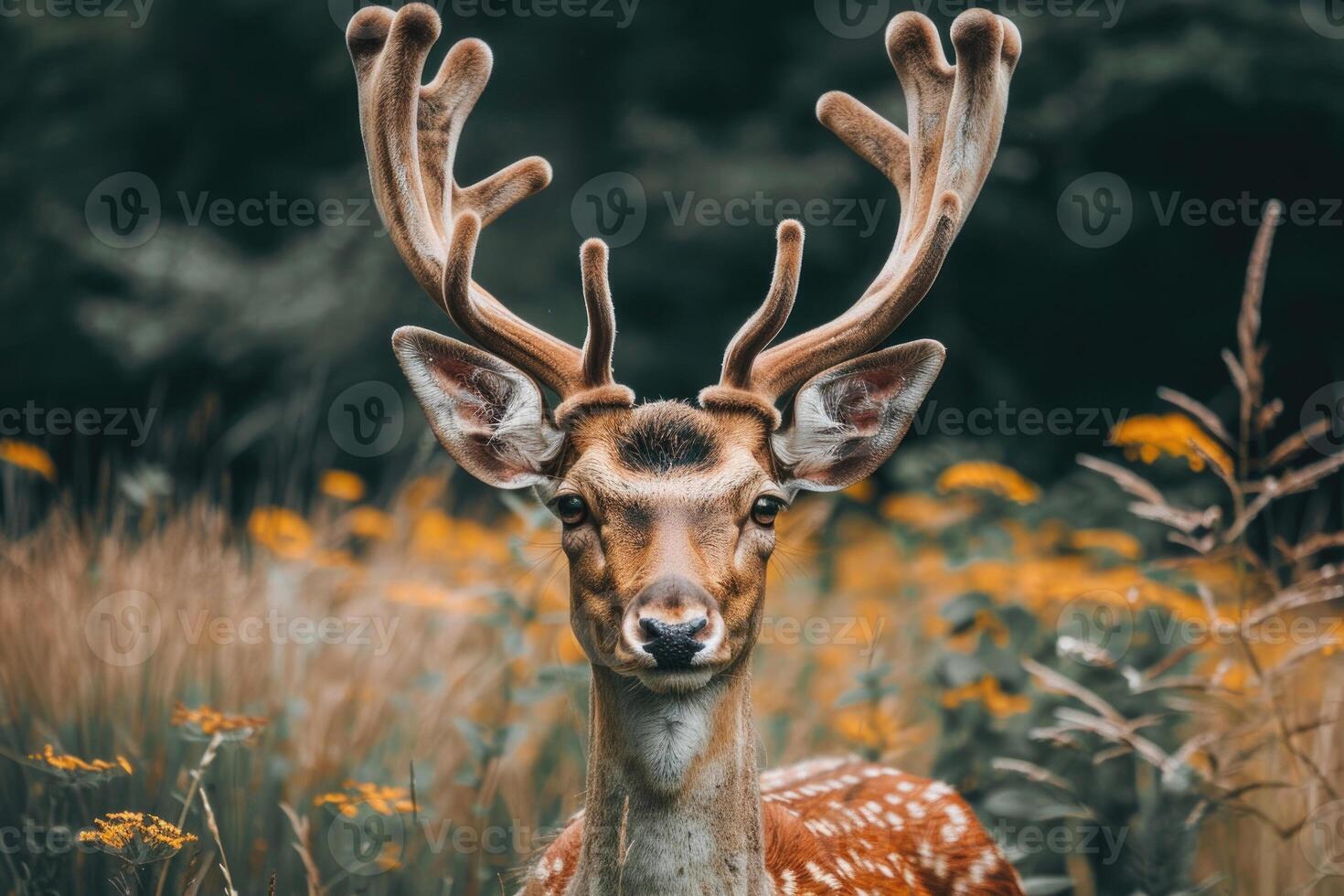 A deer with large antlers gazes into the camera. photo