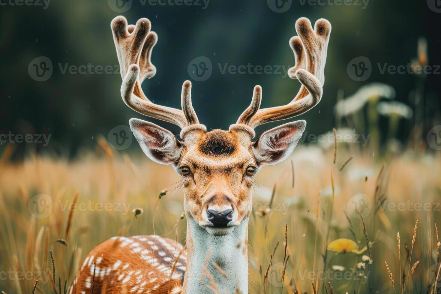 A deer with large antlers gazes into the camera. photo