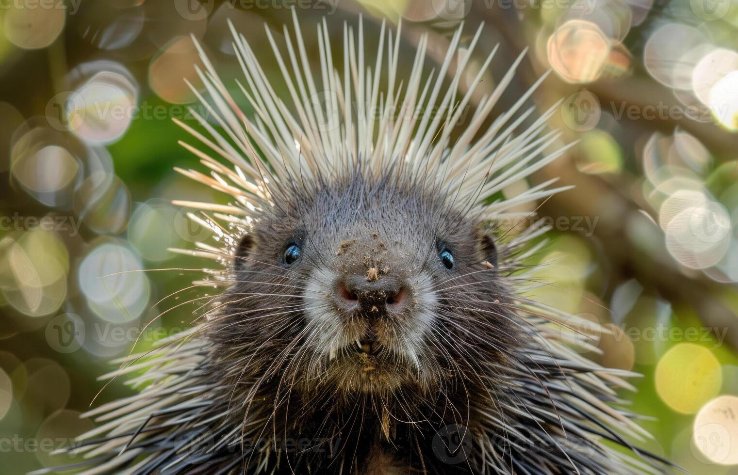 A curious porcupine looks directly into the camera. photo