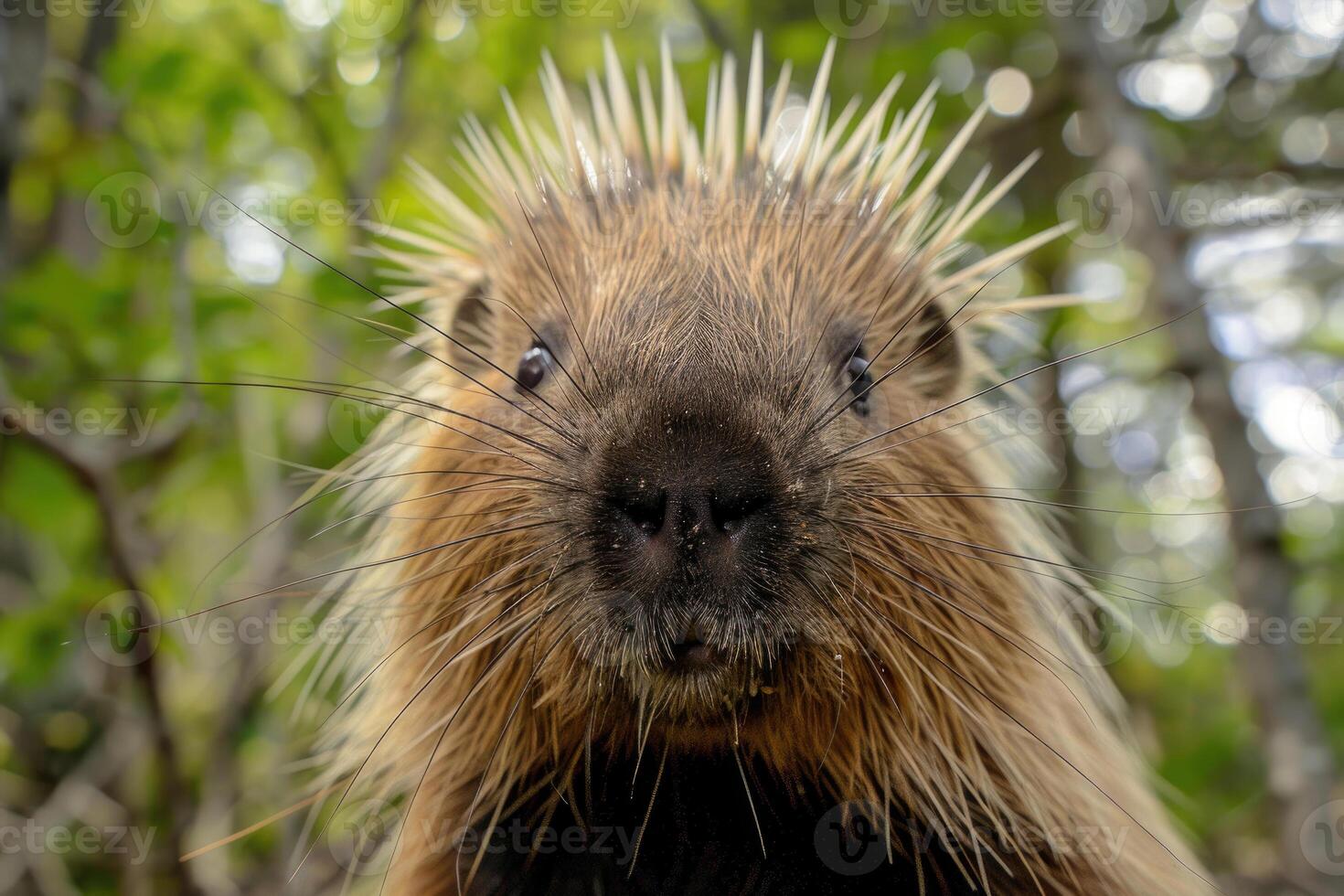 A curious porcupine looks directly into the camera. photo