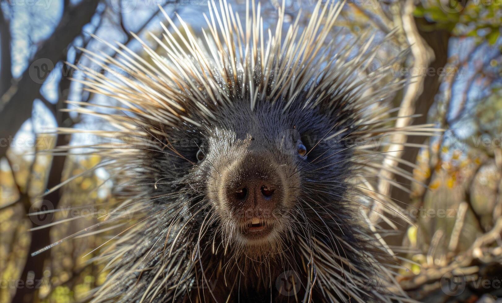 A curious porcupine looks directly into the camera. photo