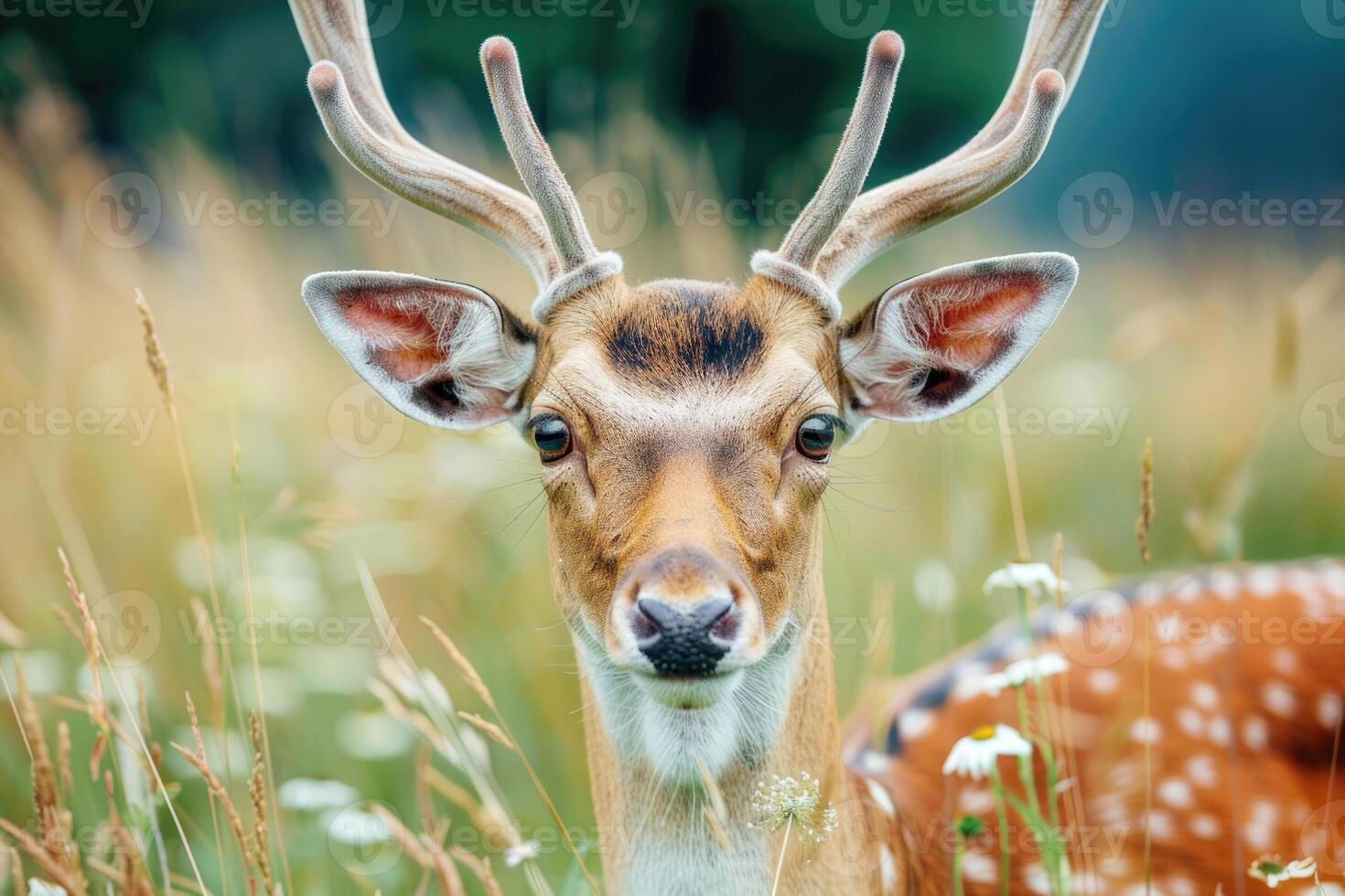 A deer with large antlers gazes into the camera. photo