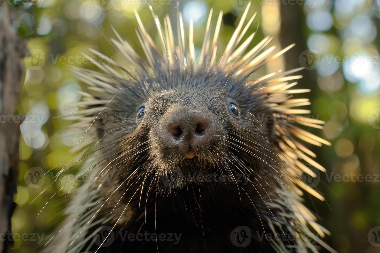 A curious porcupine looks directly into the camera. photo