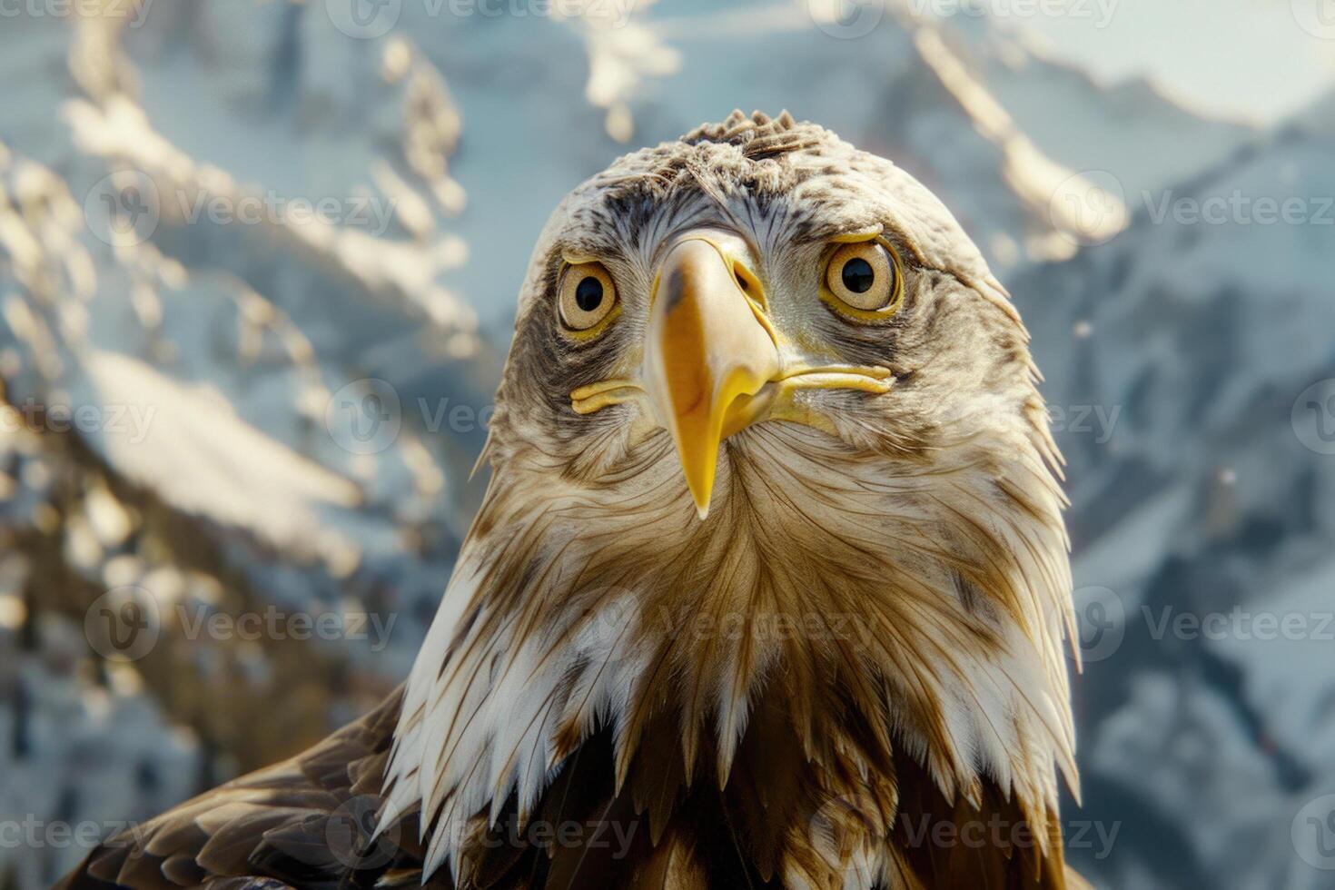 A majestic eagle with piercing eyes stares into the camera. photo