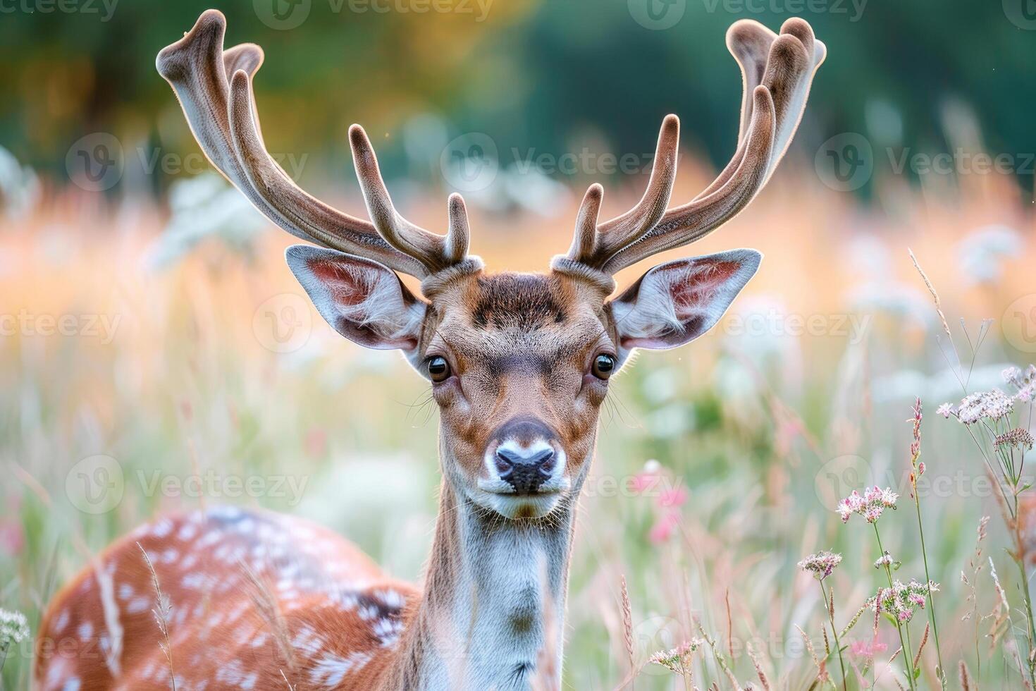 A deer with large antlers gazes into the camera. photo