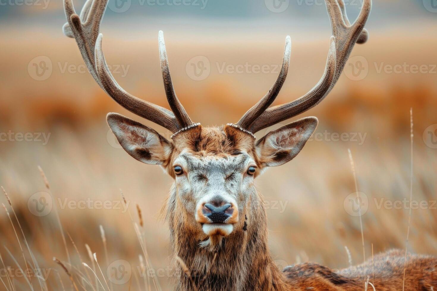 A deer with large antlers gazes into the camera. photo