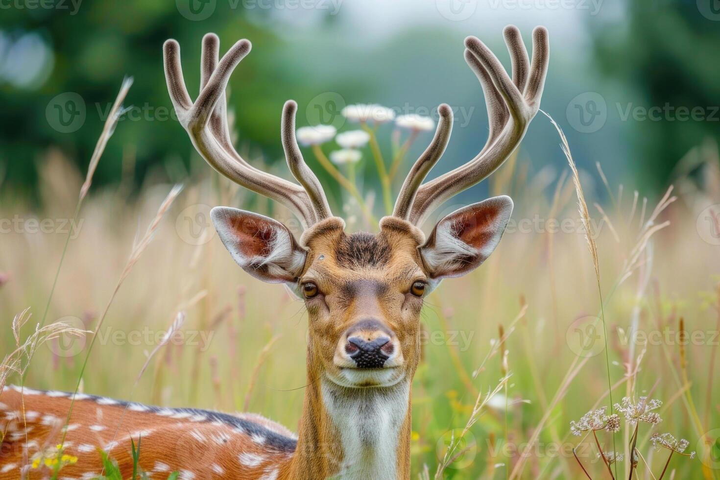 A deer with large antlers gazes into the camera. photo