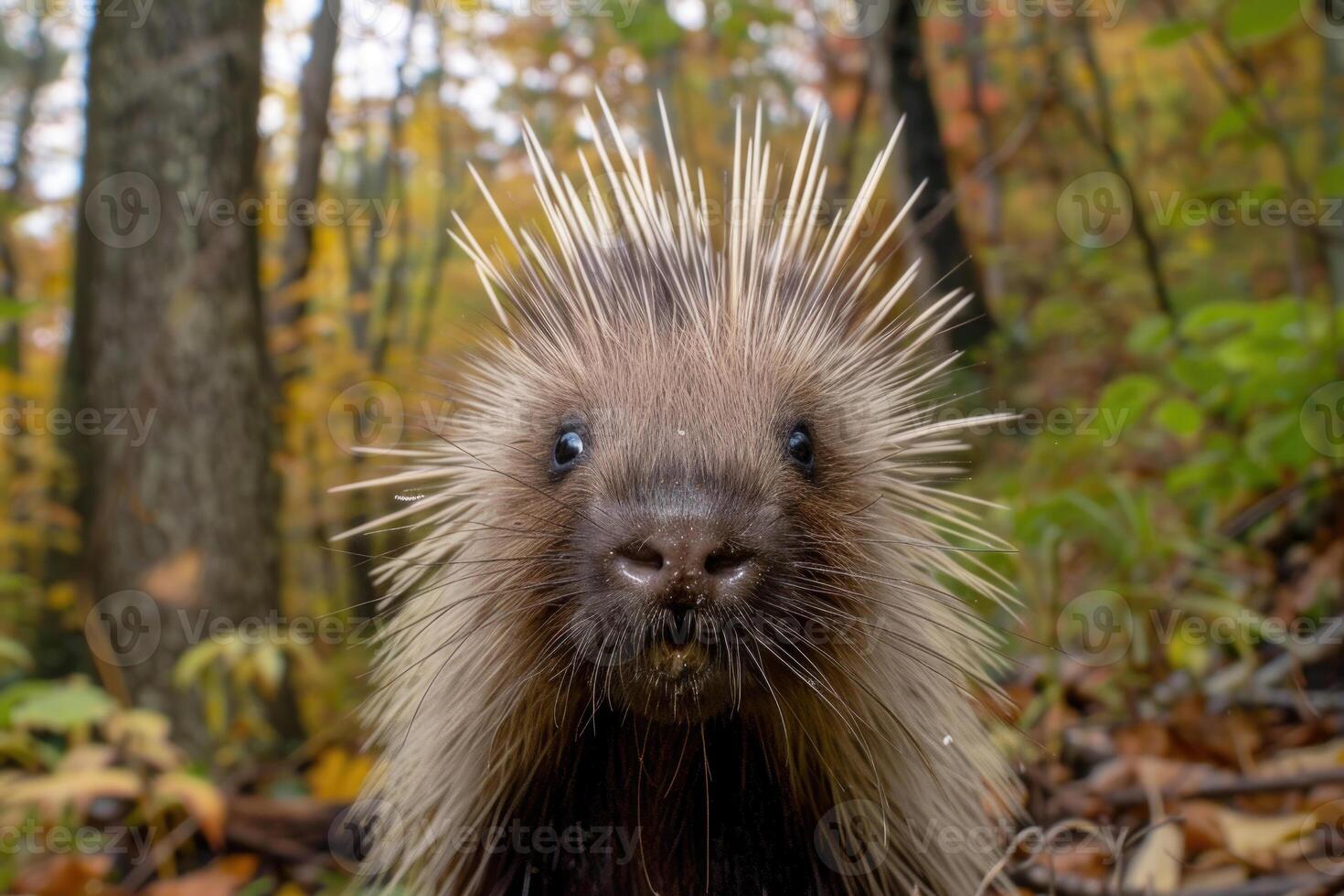 A curious porcupine looks directly into the camera. photo
