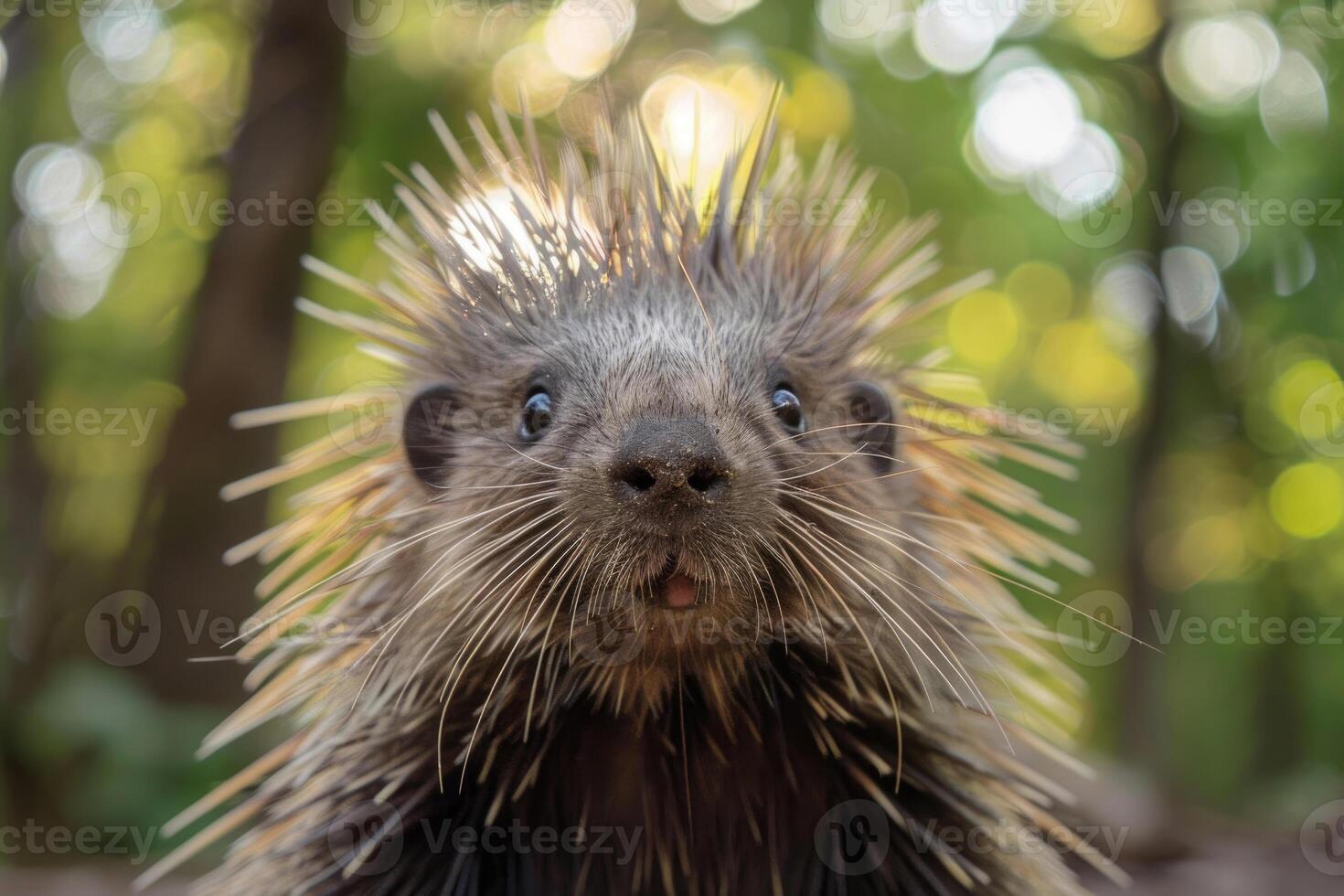 A curious porcupine looks directly into the camera. photo