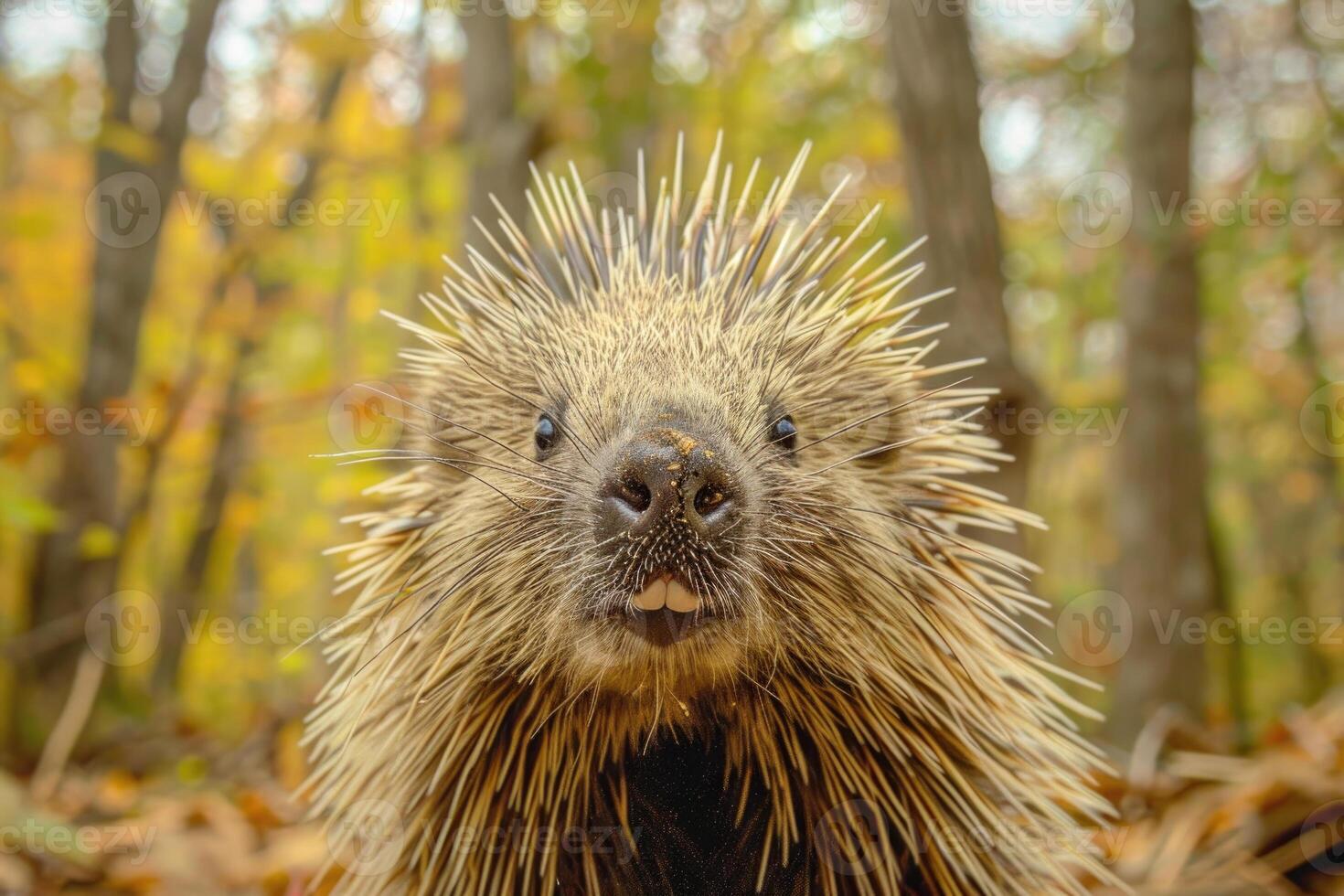 A curious porcupine looks directly into the camera. photo