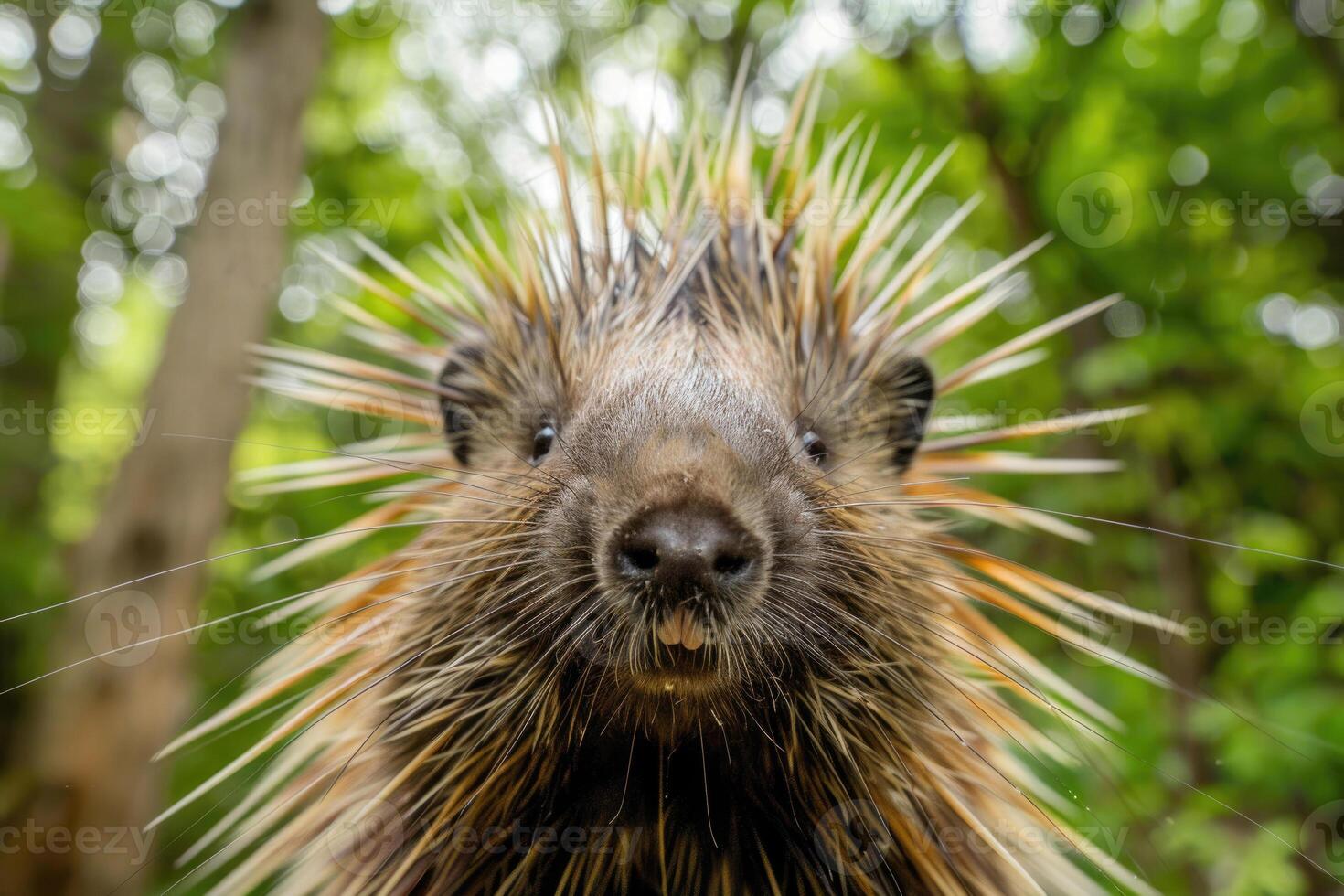 A curious porcupine looks directly into the camera. photo
