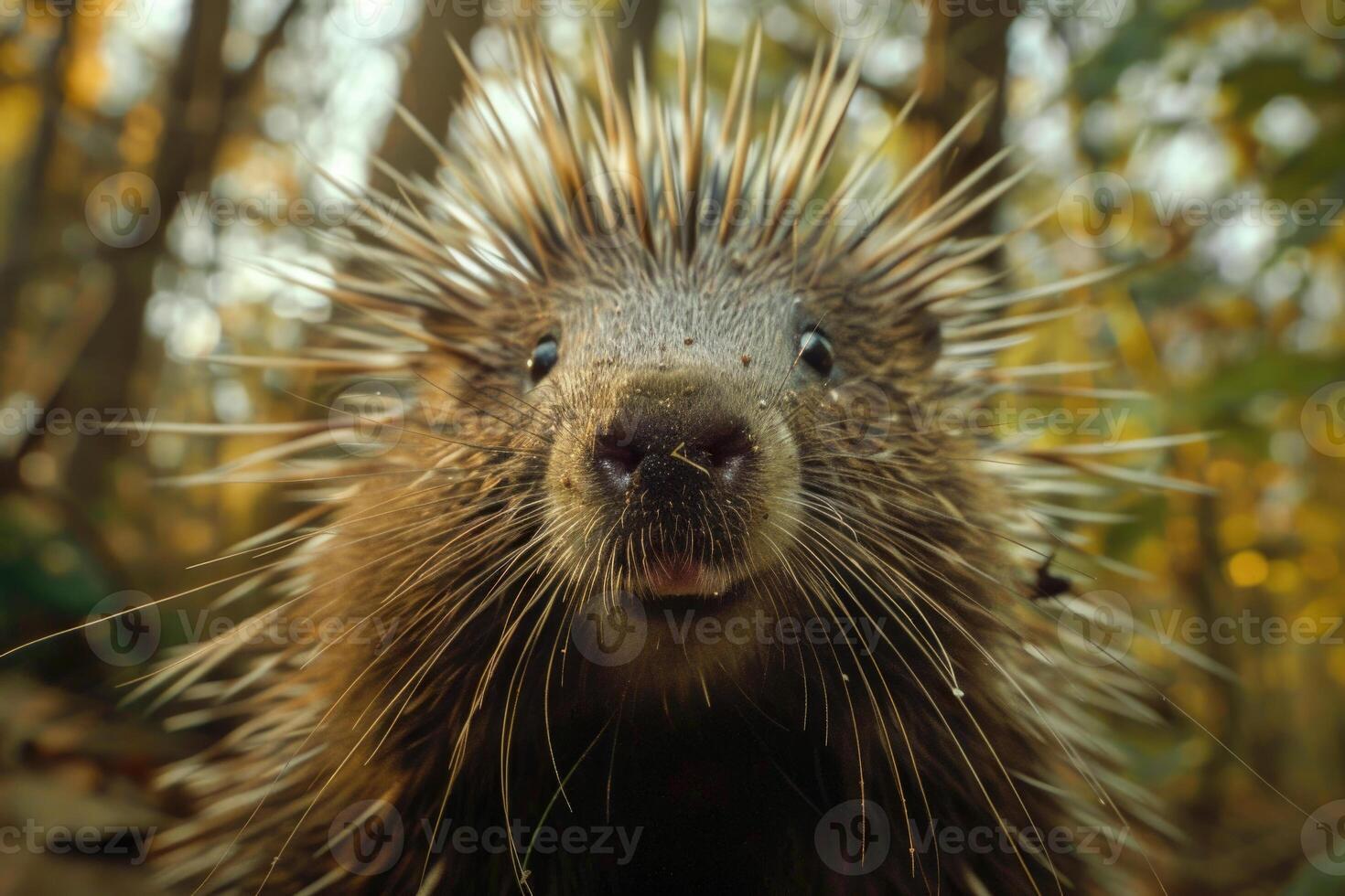 A curious porcupine looks directly into the camera. photo