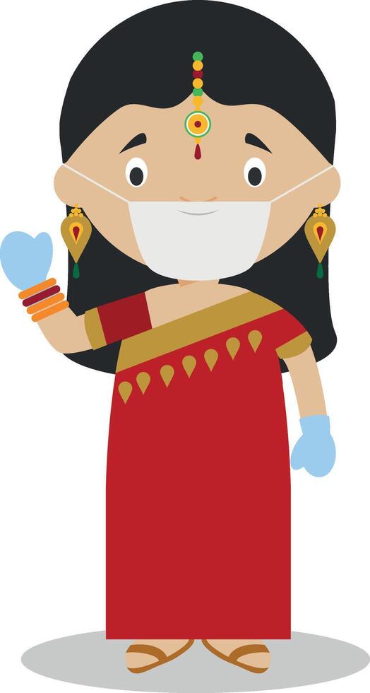 Indian girl dressed in the traditional way with sari and with surgical mask and latex gloves as protection against a health emergency vector