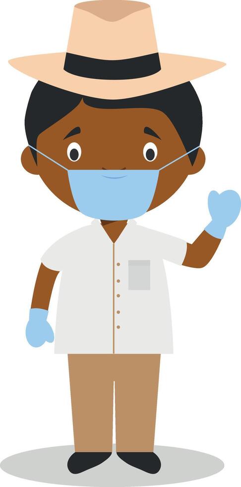 Character from Cuba dressed in the traditional way with a Panama hat and with surgical mask and latex gloves as protection against a health emergency vector