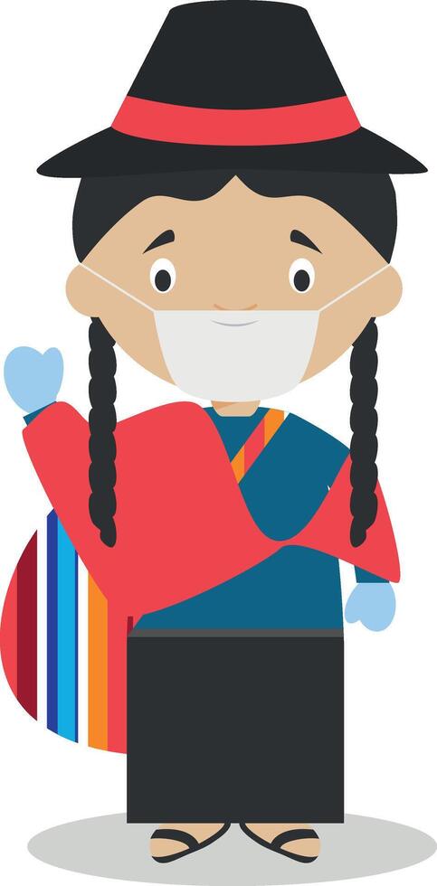 Character from Ecuador dressed in the traditional way and with surgical mask and latex gloves as protection against a health emergency vector