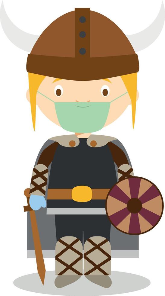Character from Sweden, Norway or Scandinavia. Viking boy dressed in the traditional way and with surgical mask and latex gloves as protection against a health emergency vector