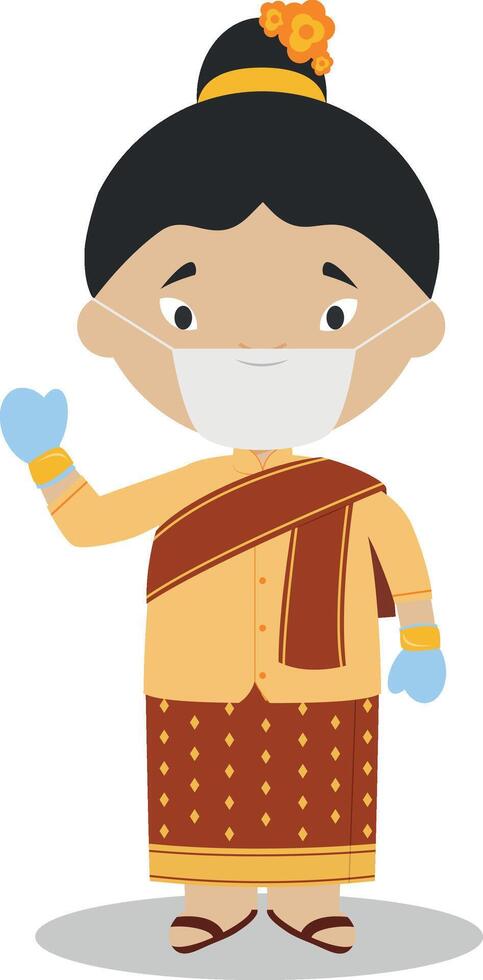 Character from Laos dressed in the traditional way and with surgical mask and latex gloves as protection against a health emergency vector