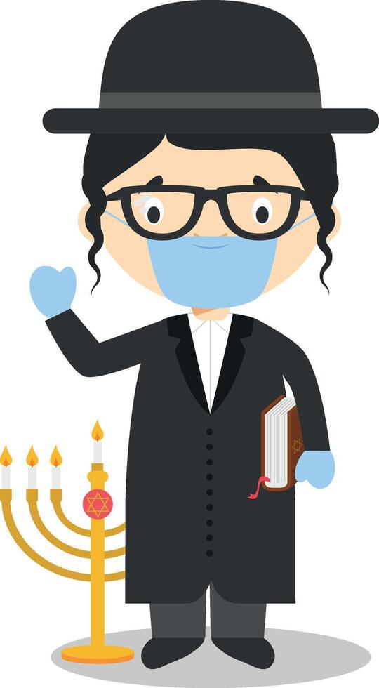 Jewish Rabbi cartoon character from Israel dressed in the traditional way and with surgical mask and latex gloves as protection against a health emergency vector