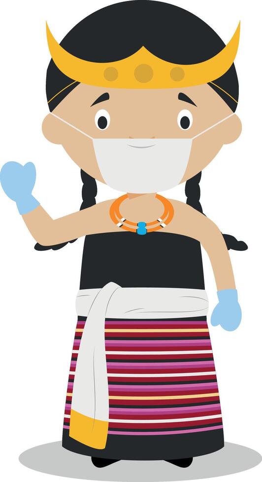 Character from East Timor dressed in the traditional way and with surgical mask and latex gloves as protection against a health emergency vector
