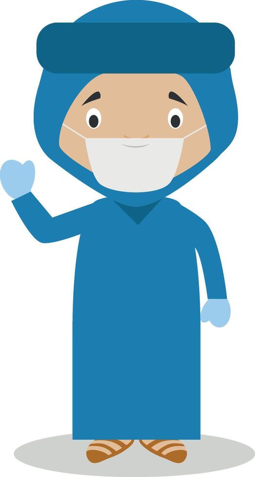 Character from Algeria dressed in the traditional way of the Blue Desert Men and with surgical mask and latex gloves as protection against a health emergency vector