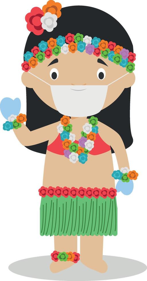 Character from Hawaii dressed in the traditional way and with surgical mask and latex gloves as protection against a health emergency vector