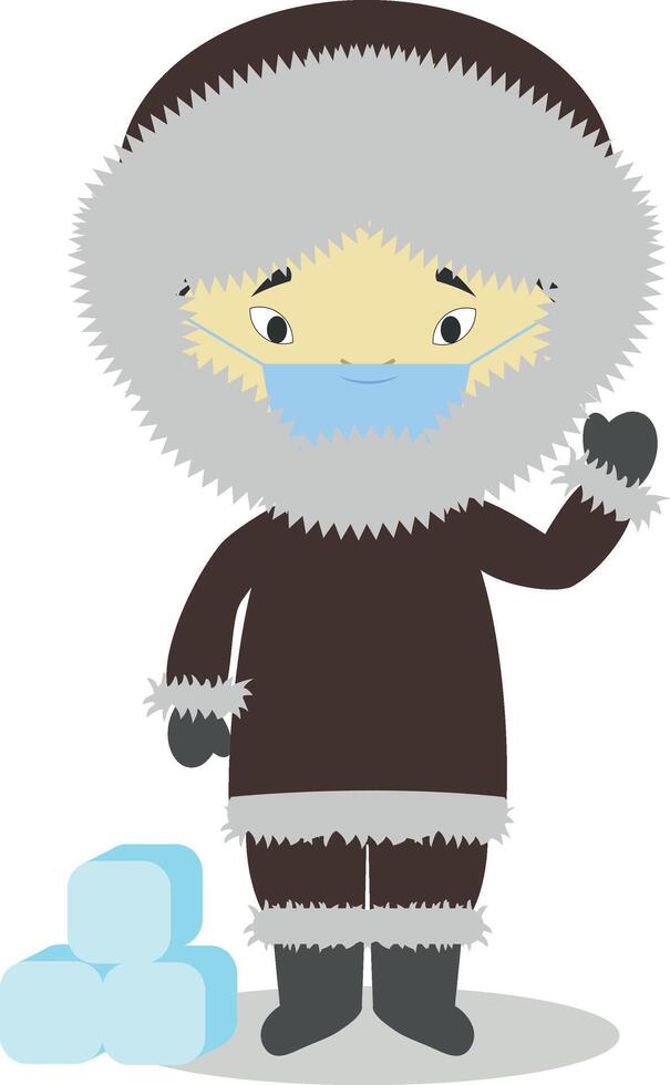 Character from Greenland dressed in the traditional way and with surgical mask and latex gloves as protection against a health emergency vector