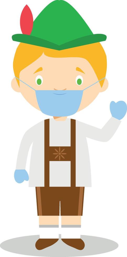 Character from Germany dressed in the traditional Bavarian way and with surgical mask and latex gloves as protection against a health emergency vector