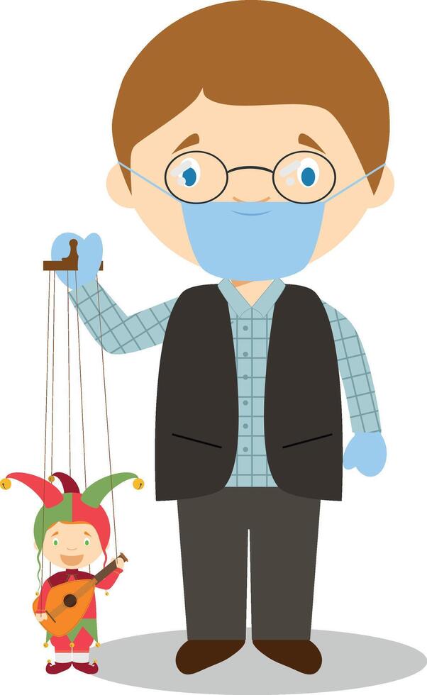 Puppeteer with typical puppet in Czech Republic and with surgical mask and latex gloves as protection against a health emergency vector