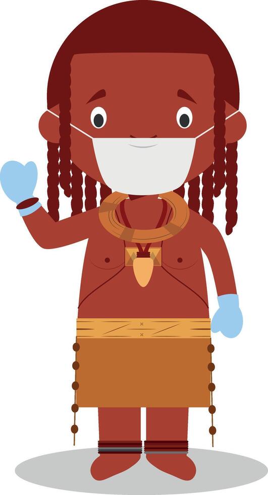 Character from Angola-Himba Tribe dressed in the traditional way and with surgical mask and latex gloves as protection against a health emergency vector