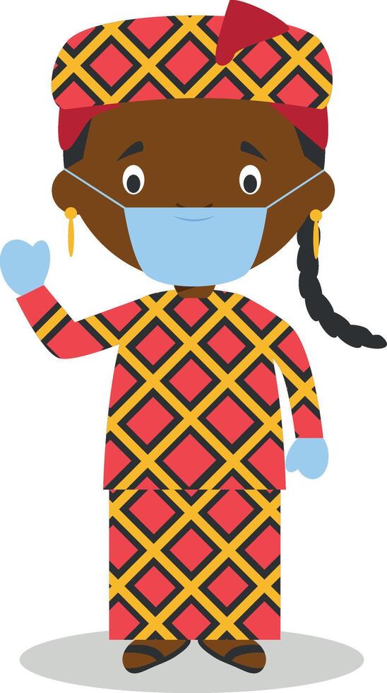 Character from Mali or Central Africa dressed in the traditional way and with surgical mask and latex gloves as protection against a health emergency vector