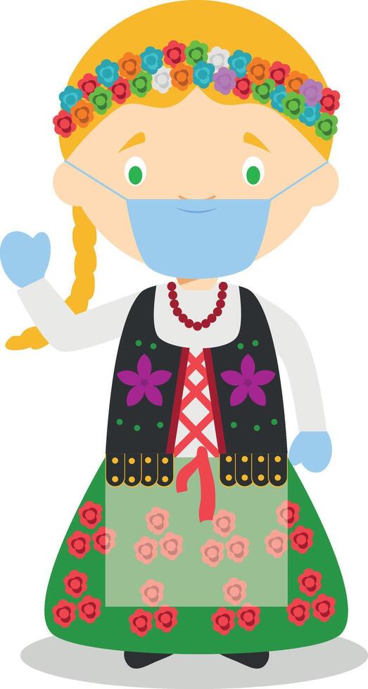 Character from Poland dressed in the traditional way and with surgical mask and latex gloves as protection against a health emergency vector