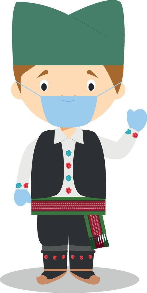 Character from Serbia dressed in the traditional way and with surgical mask and latex gloves as protection against a health emergency vector
