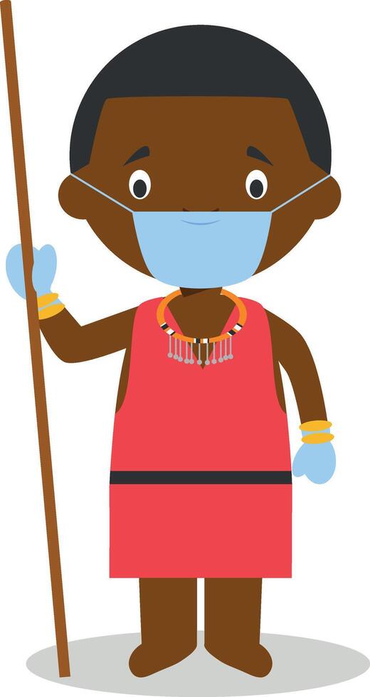 Character from Kenya dressed in the traditional way of the Masai tribe and with surgical mask and latex gloves as protection against a health emergency vector