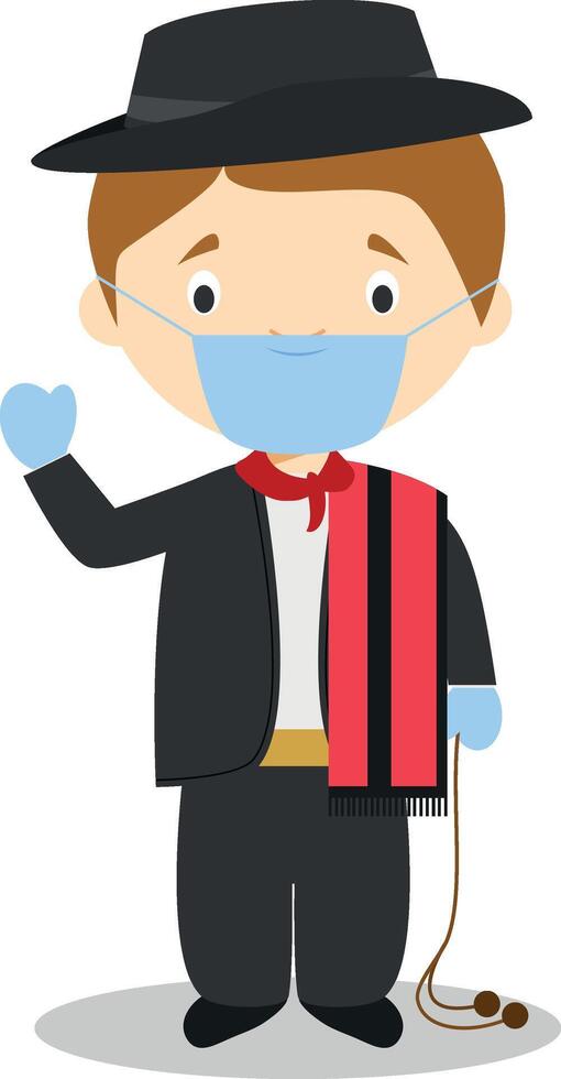 Character from Uruguay dressed in the traditional way as a gaucho and with surgical mask and latex gloves as protection against a health emergency vector