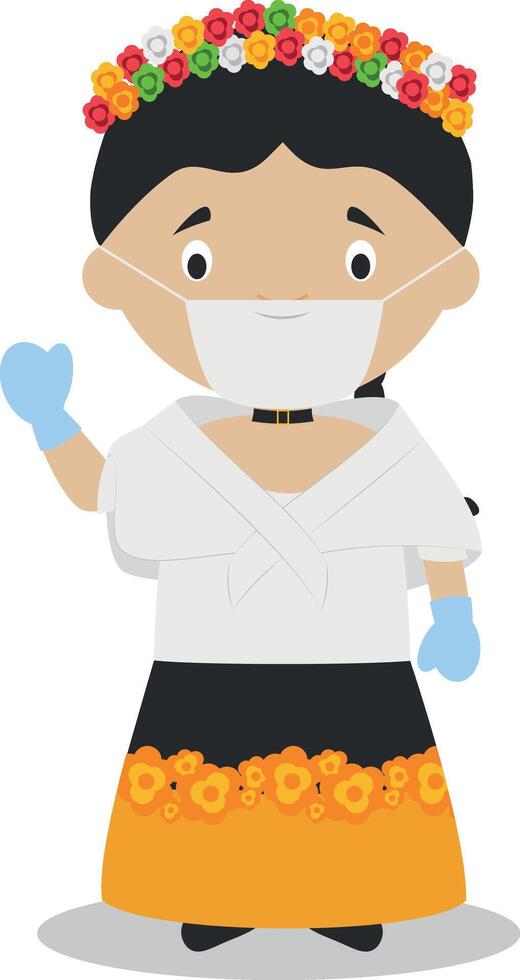 Character from Philippines dressed in the traditional way and with surgical mask and latex gloves as protection against a health emergency vector