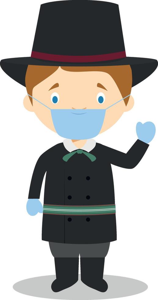 Character from Latvia dressed in the traditional way and with surgical mask and latex gloves as protection against a health emergency vector