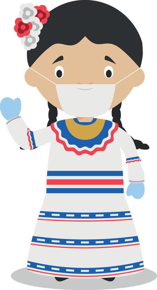 Character from Dominican Republic dressed in the traditional way and with surgical mask and latex gloves as protection against a health emergency vector